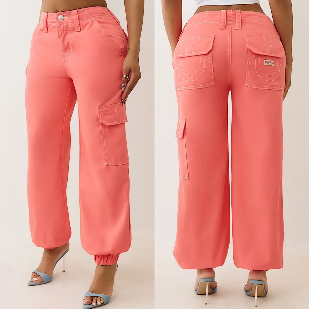 🇬🇪🔥NWT True Religion Bobbi Baggy Sunkissed Coral Cargo Pants Size 29